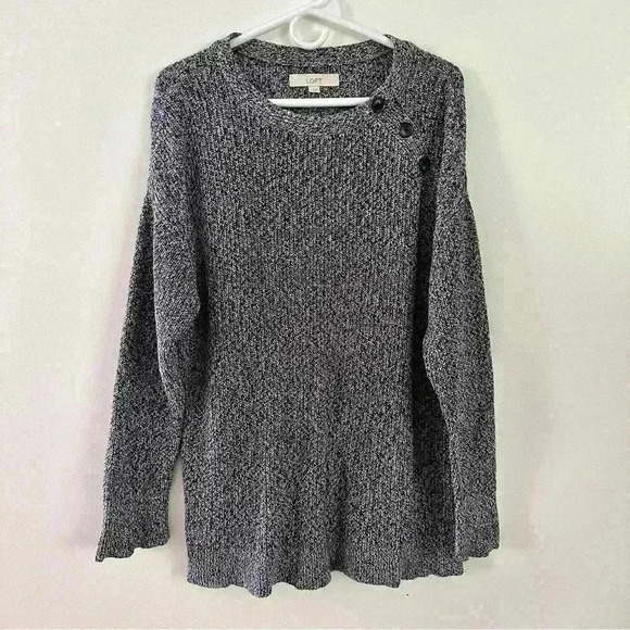 Loft Heather Black Button Neck Sweater Women’s Sz Large‎ Long Sleeve Shawl Mock - Picture 1 of 12